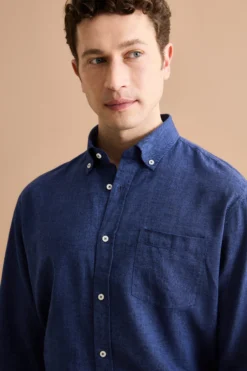 Camicia Button Down in Misto Lino Custom Fit - BLU