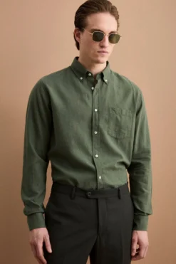 Camicia Button Down in Misto Lino Custom Fit - MILITARY