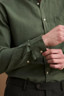 Camicia Button Down in Misto Lino Custom Fit - MILITARY