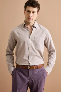 Camicia Button Down in Misto Lino Custom Fit - NOCCIOLA