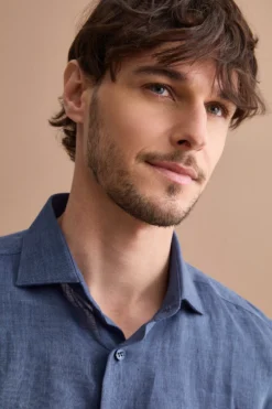 Camicia Casual Slim Fit in Lino - BLU