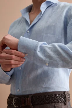 Camicia Casual Slim Fit in Lino - AZZURRO