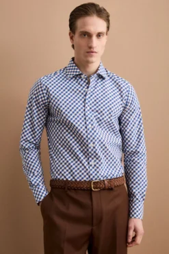 Camicia Check Custom Fit con Colletto Francese - BLU/MARRONE