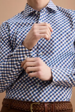 Camicia Check Custom Fit con Colletto Francese - BLU/MARRONE