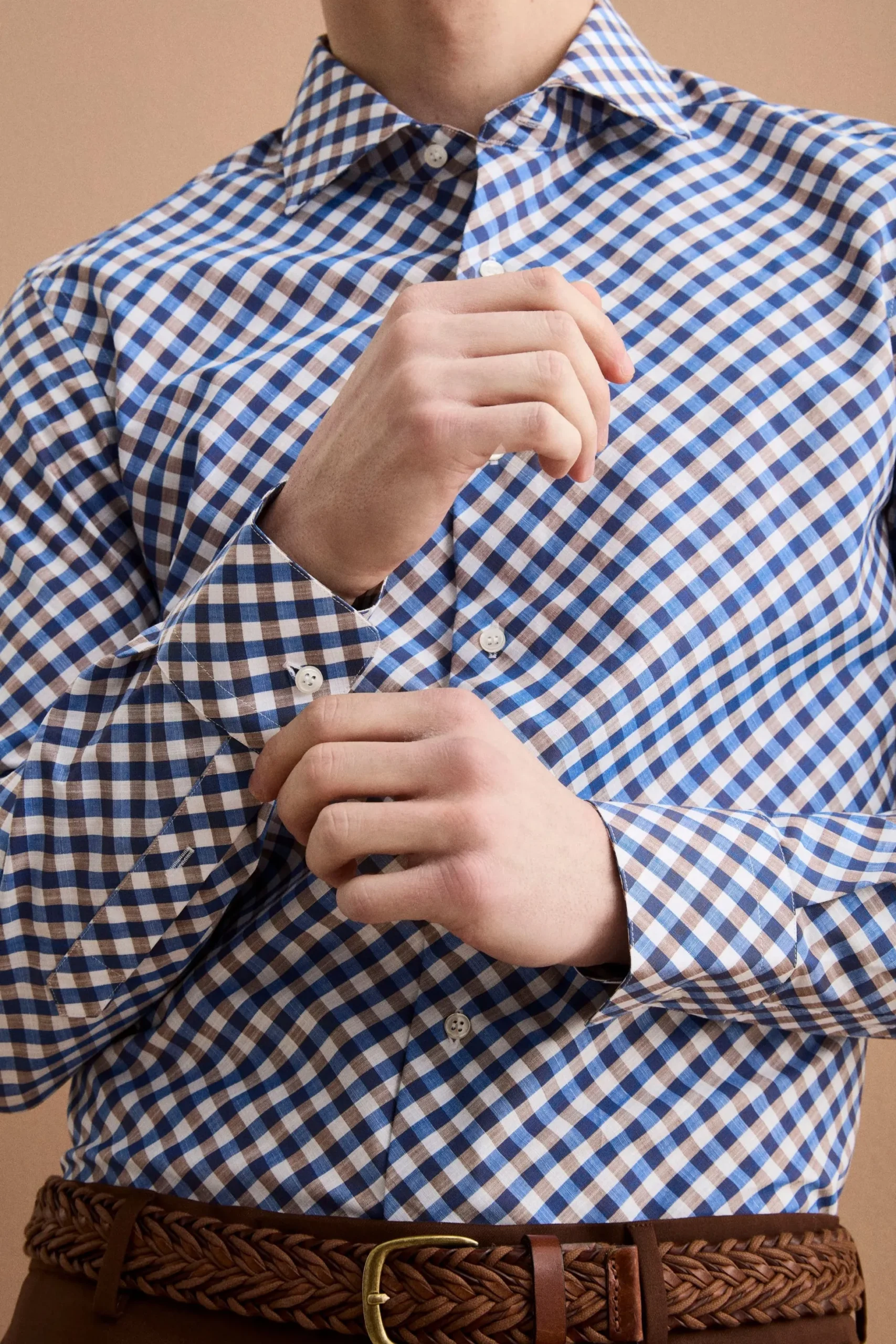 Camicia Check Custom Fit con Colletto Francese - BLU/MARRONE