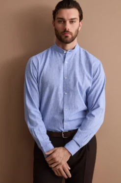 Camicia Coreana Custom Fit in Misto Lino - AZZURRO