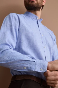Camicia Coreana Custom Fit in Misto Lino - AZZURRO