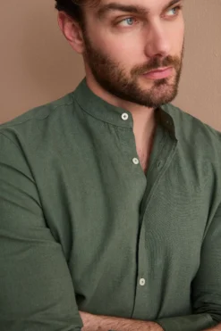 Camicia Coreana Custom Fit in Misto Lino - MILITARY