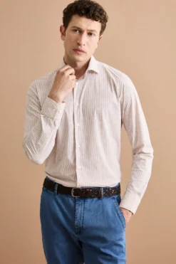 Camicia Custom Fit a Righe in Tessuto Tecnico - MARRONE RIGATO