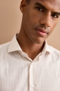 Camicia Dobby Custom Fit a Righe in Cotone - BEIGE RIGATO