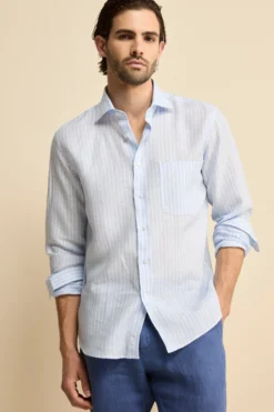 Camicia Fantasia con Taschino Custom Fit in Lino - AZZURRO RIGATO