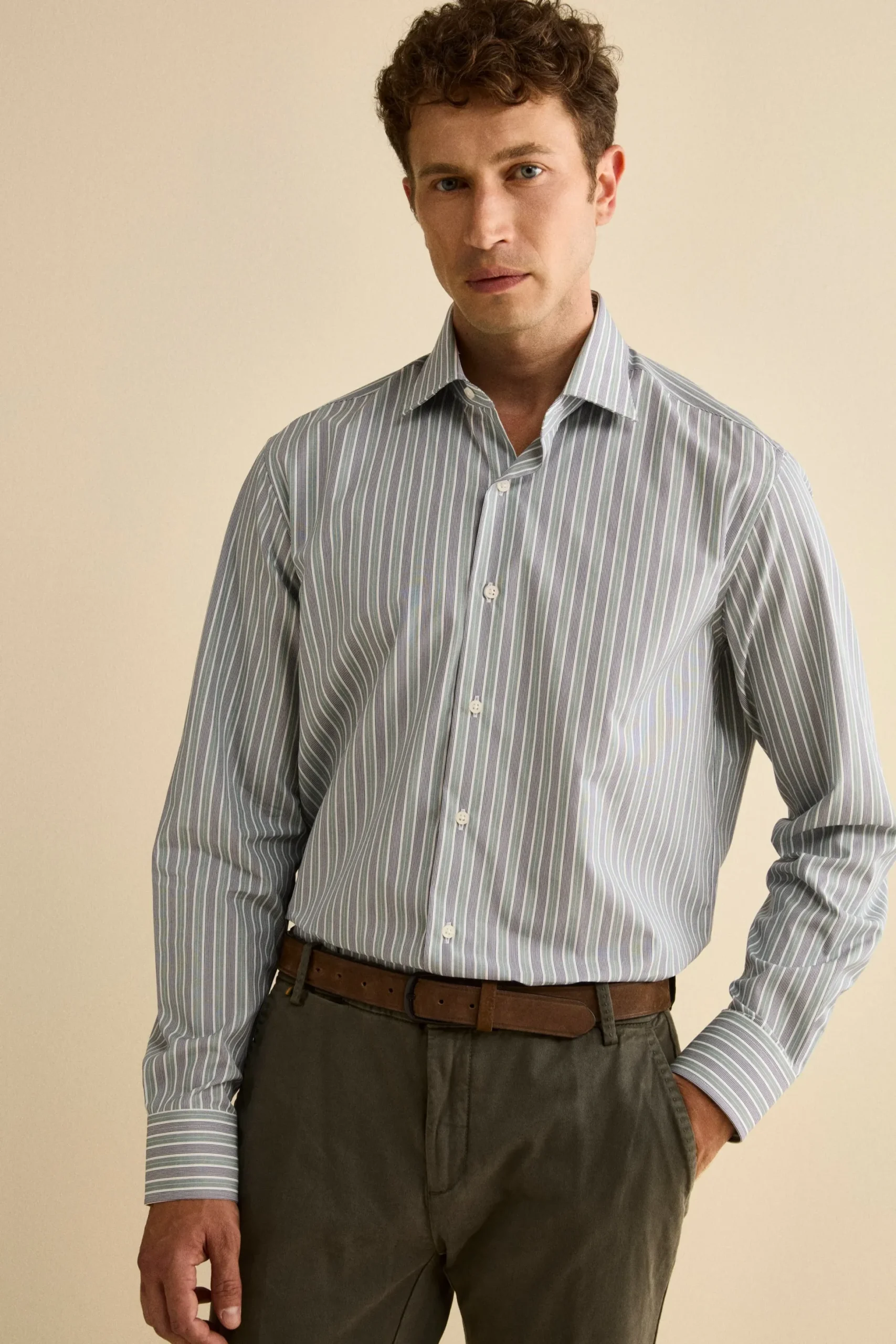 Camicia Fantasia Custom Fit con Collo Francese in Cotone - RIGATO BLU/VERDE