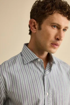 Camicia Fantasia Custom Fit con Collo Francese in Cotone - RIGATO BLU/VERDE