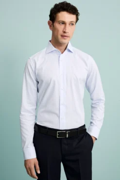 Camicia Fantasia Slim Fit Collo Francese - RIGATO BIANCO/AZZURRO