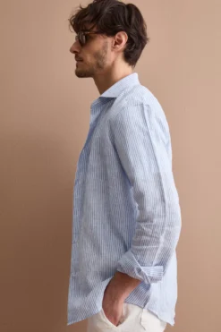 Camicia in Lino a Righe Custom Fit - AZZURRO RIGATO