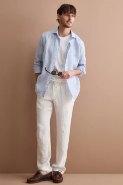 Camicia in Lino a Righe Custom Fit - AZZURRO RIGATO