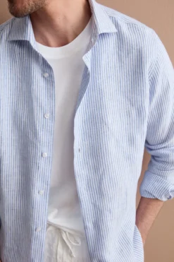 Camicia in Lino a Righe Custom Fit - AZZURRO RIGATO