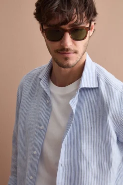 Camicia in Lino a Righe Custom Fit - AZZURRO RIGATO
