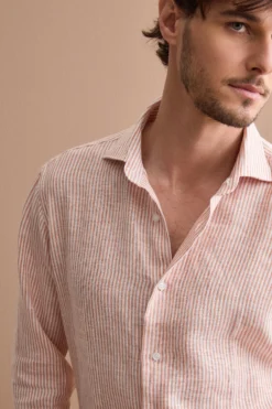 Camicia in Lino a Righe Custom Fit - RUGGINE RIGATO