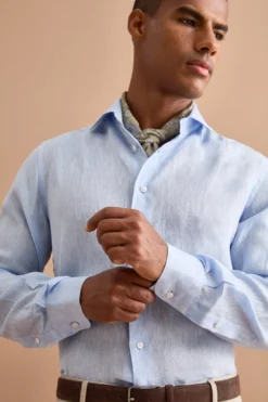 Camicia in Lino Regular con Collo Francese - AZZURRO