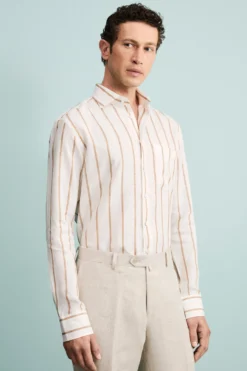 Camicia Lino Collo Francese con Taschino - RIGATO BIANCO/MARRONE