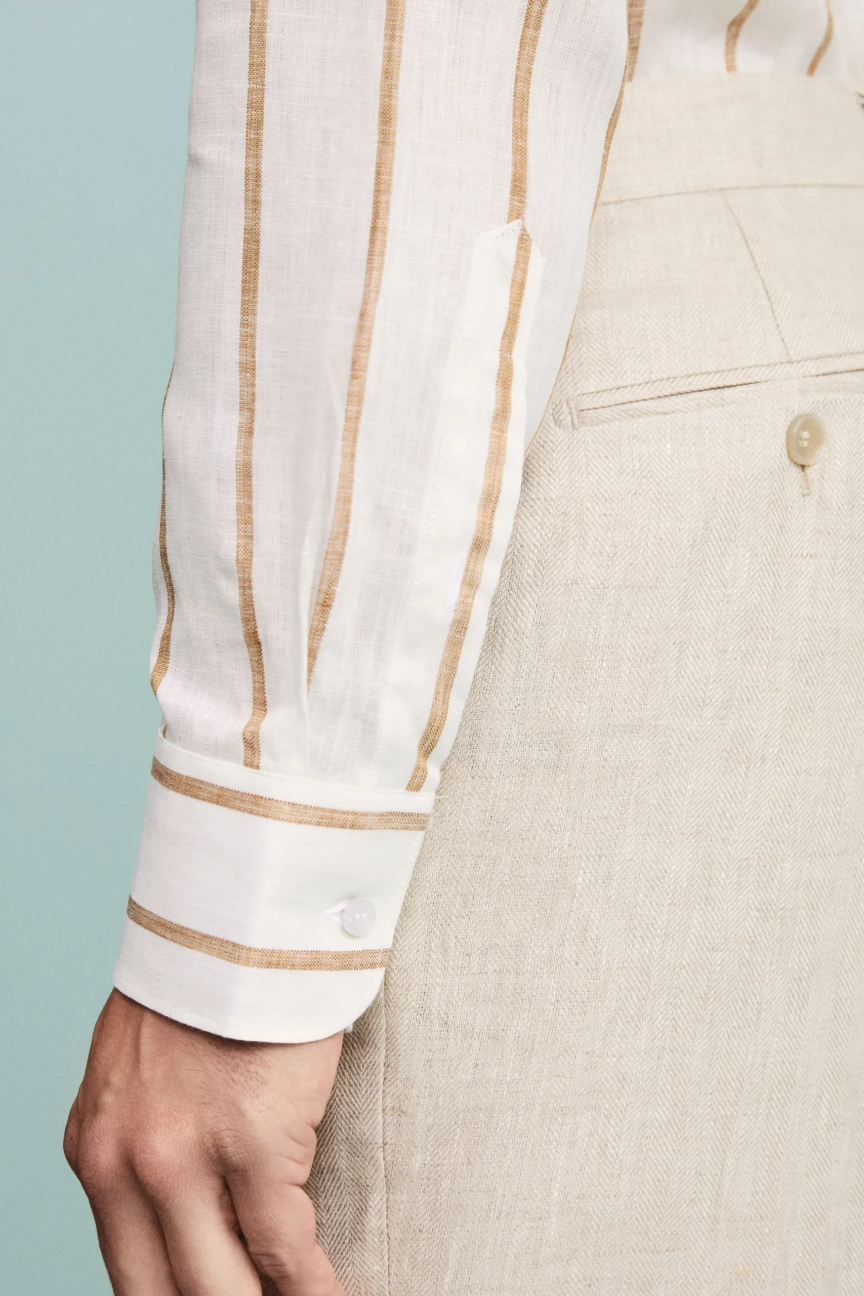 Camicia Lino Collo Francese con Taschino - RIGATO BIANCO/MARRONE
