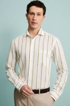 Camicia Lino Collo Francese con Taschino - RIGATO BIANCO/VERDE