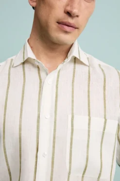 Camicia Lino Collo Francese con Taschino - RIGATO BIANCO/VERDE