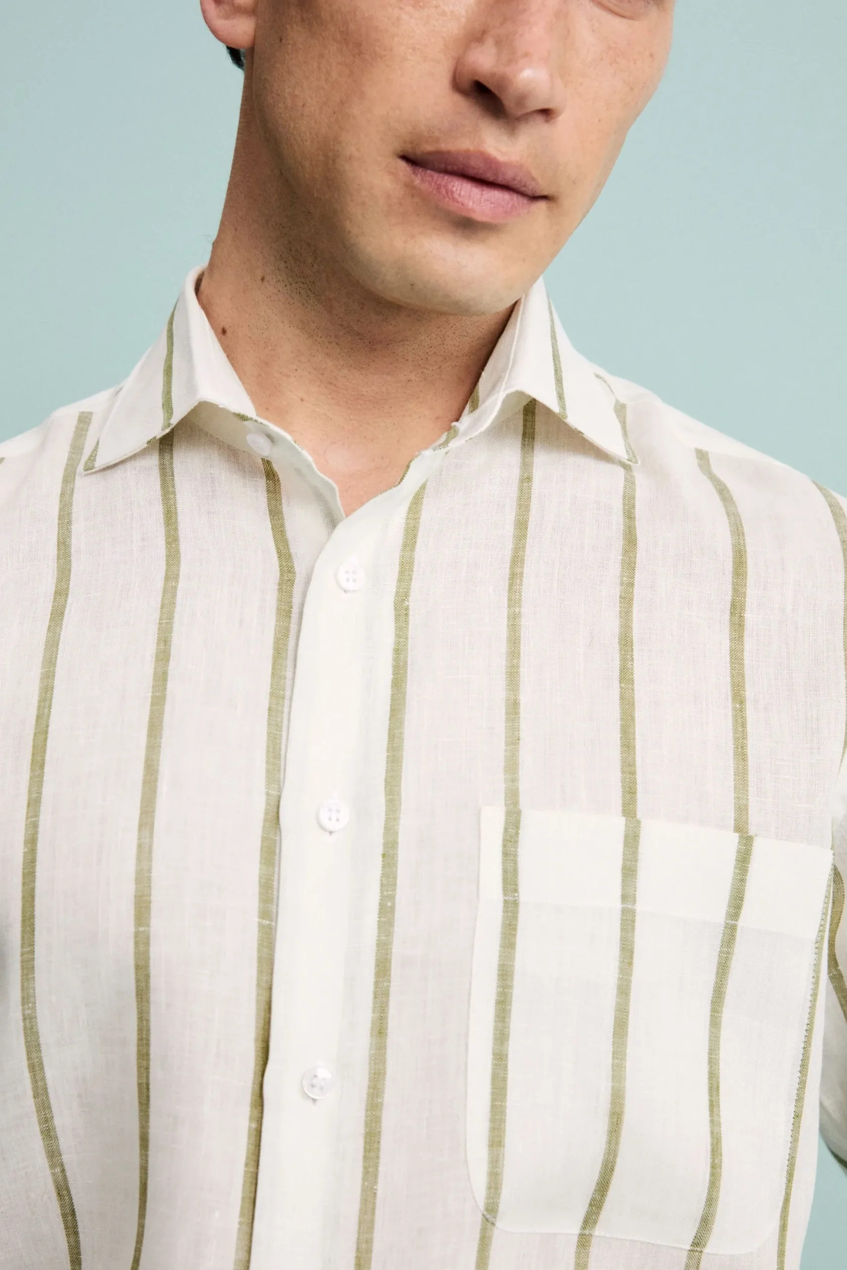 Camicia Lino Collo Francese con Taschino - RIGATO BIANCO/VERDE