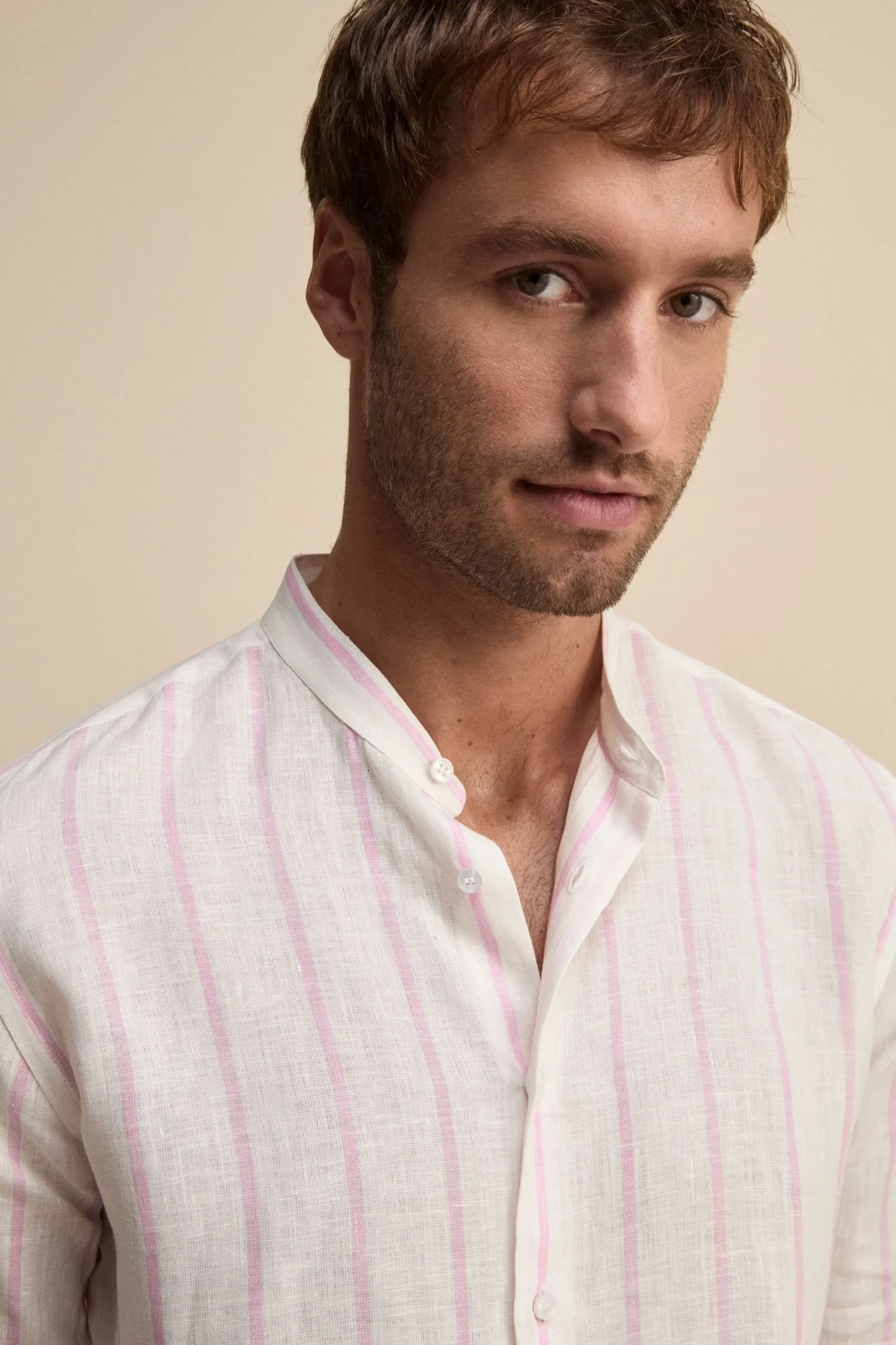 Camicia Lino Coreana Custom Fit - RIGATO BIANCO/ROSA