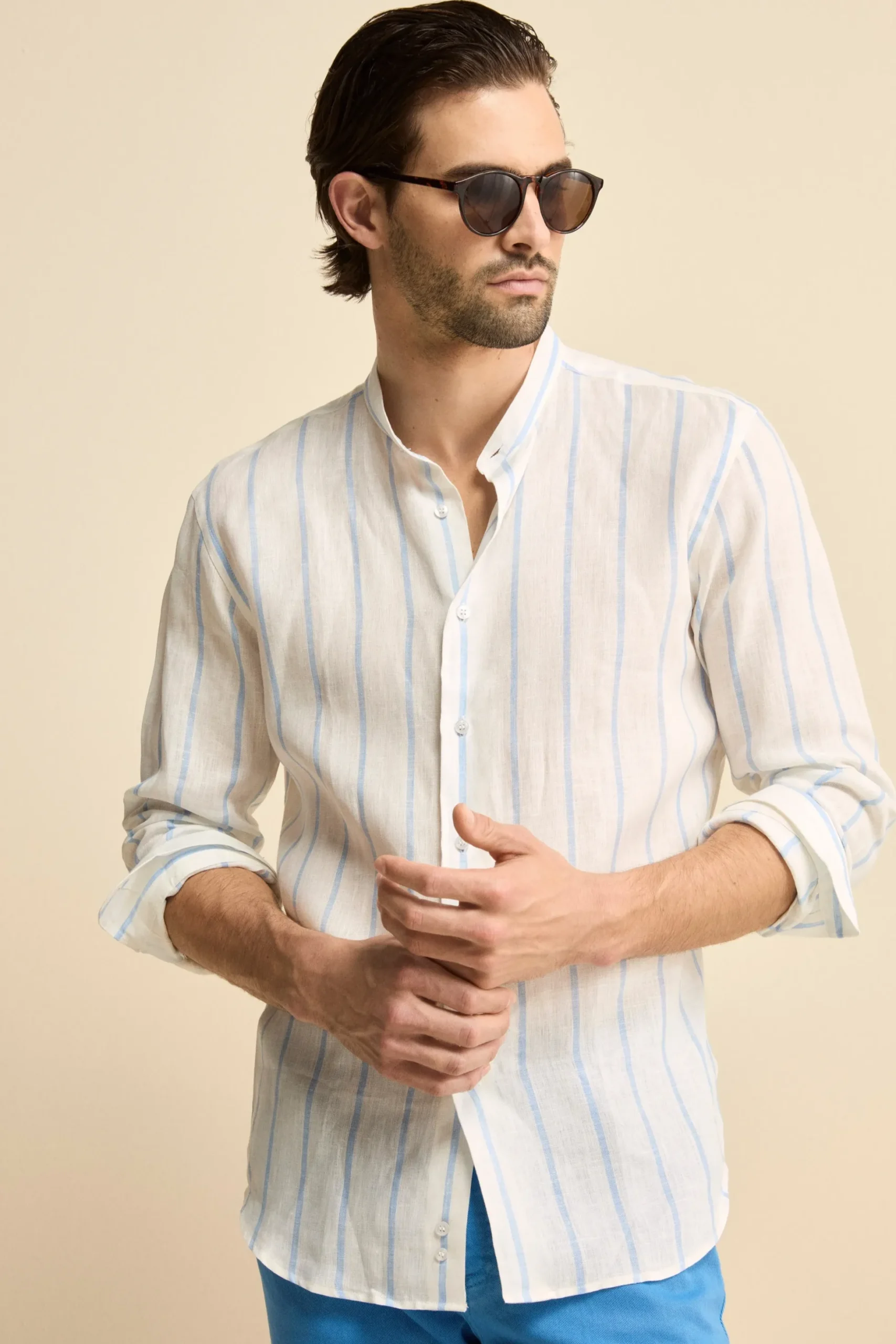 Camicia Lino Coreana Custom Fit - RIGATO BIANCO/AZZURRO