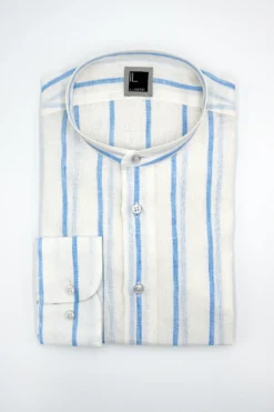 Camicia Lino Coreana Custom Fit - RIGATO BIANCO/AZZURRO