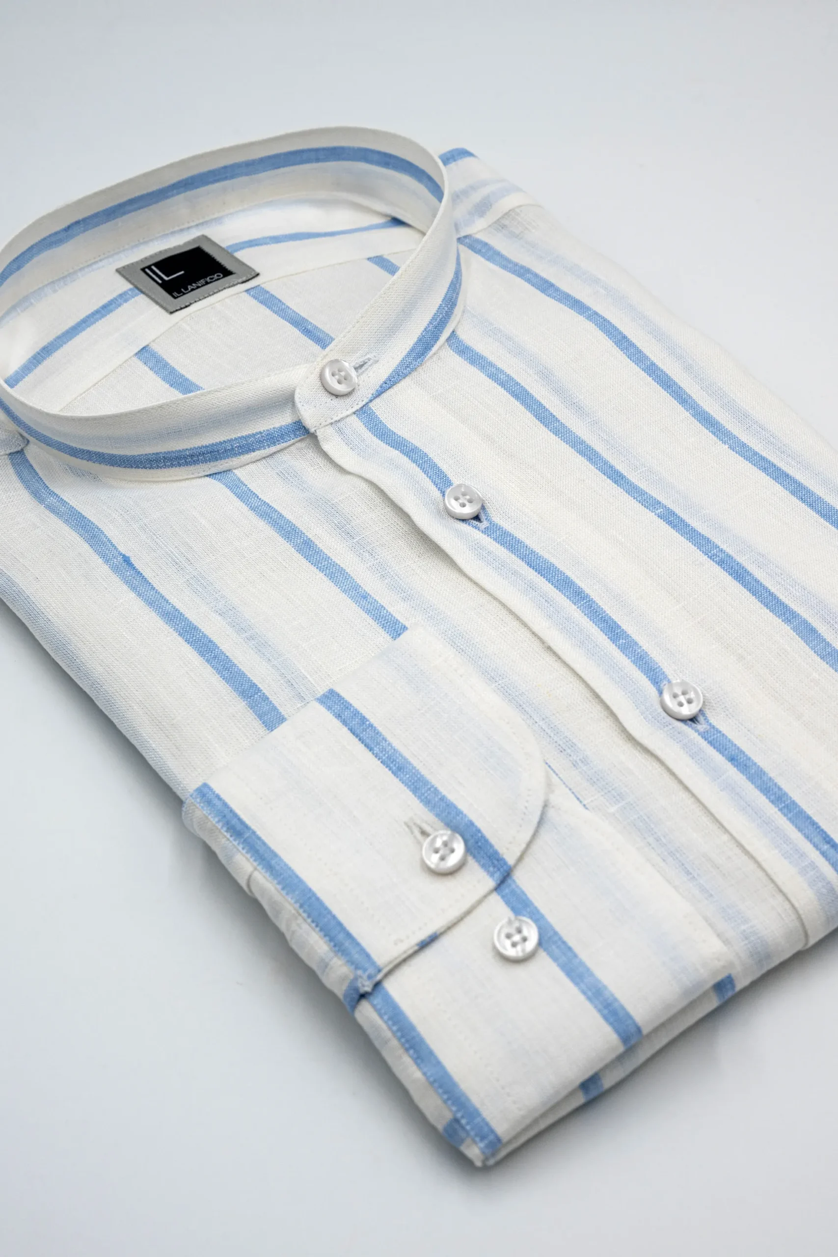 Camicia Lino Coreana Custom Fit - RIGATO BIANCO/AZZURRO