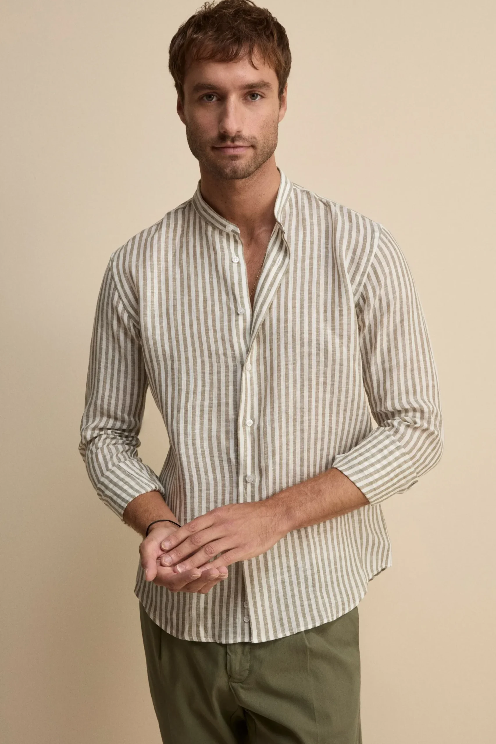 Camicia Lino Coreana Custom Fit - VERDE RIGATO