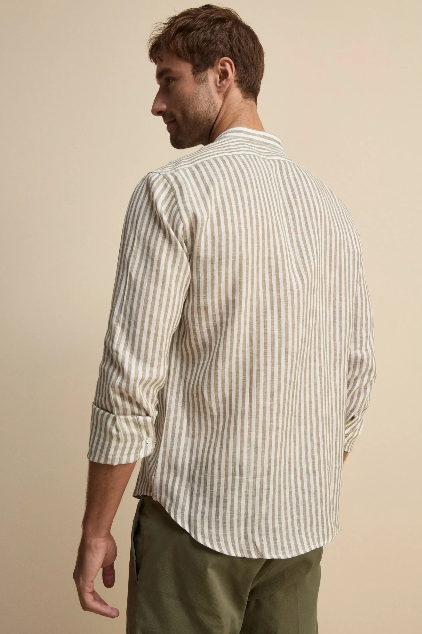 Camicia Lino Coreana Custom Fit - VERDE RIGATO