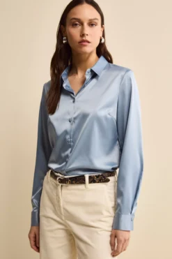 Camicia Morbida in Raso con Bottoni - POLVERE