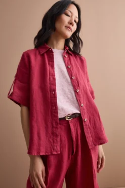 Camicia Over Cropped in Lino - BORDEAUX