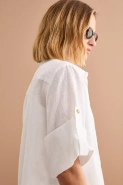 Camicia Over Cropped in Lino - BIANCO