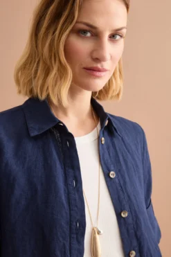 Camicia Over Cropped in Lino - NAVY