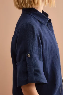 Camicia Over Cropped in Lino - NAVY