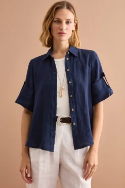 Camicia Over Cropped in Lino - NAVY