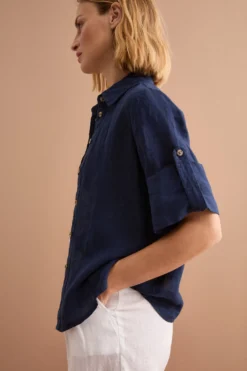 Camicia Over Cropped in Lino - NAVY
