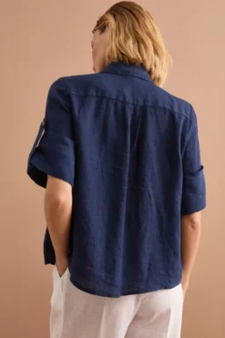 Camicia Over Cropped in Lino - NAVY