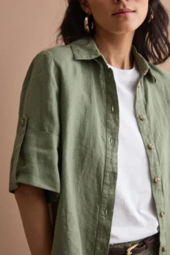 Camicia Over Cropped in Lino - VERDE MILITARE