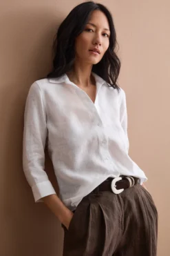 Camicia Over in Lino con Scollo Aperto - BIANCO
