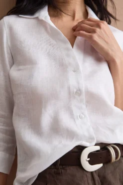 Camicia Over in Lino con Scollo Aperto - BIANCO