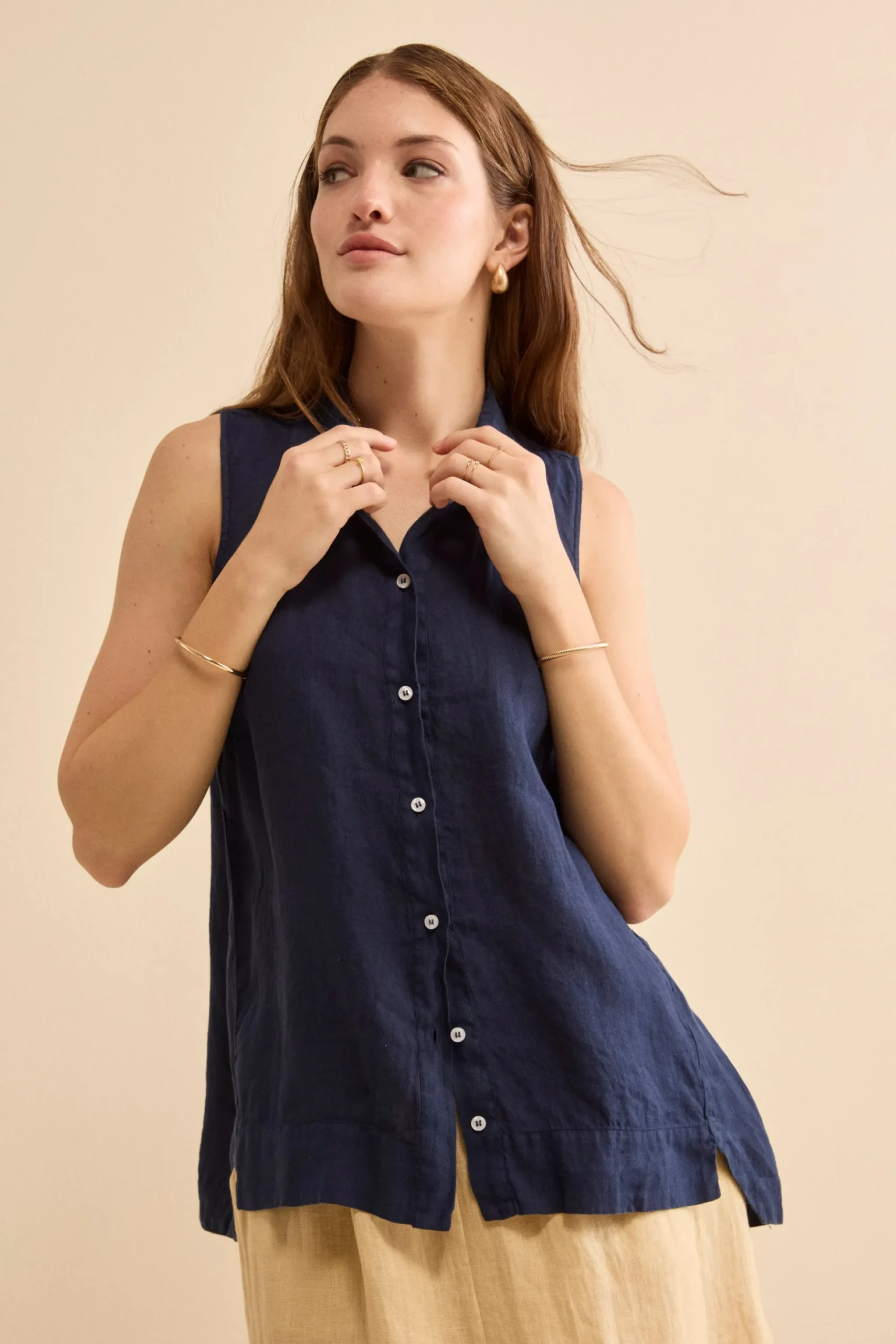 Camicia Over Smanicata in Lino - NAVY