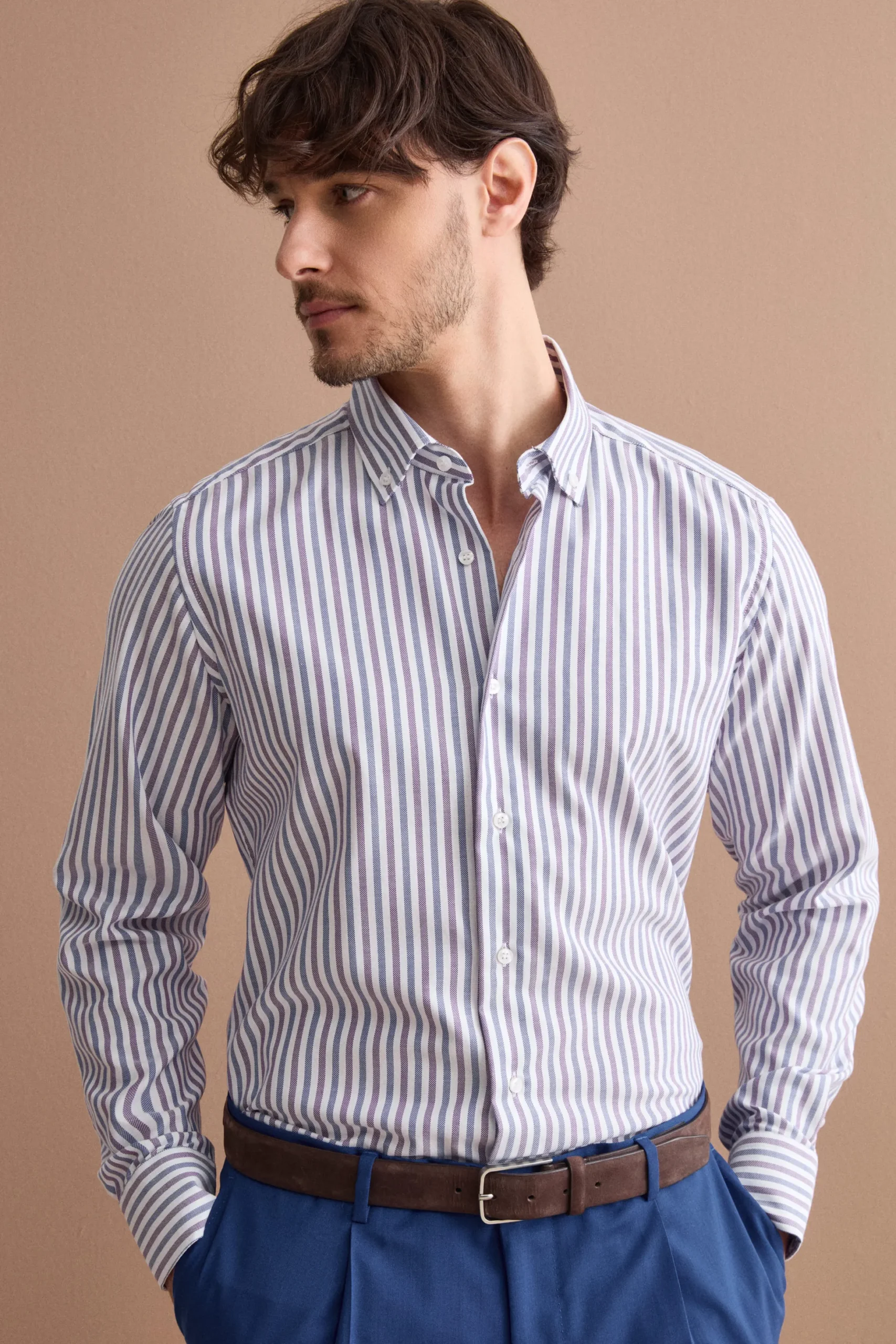 Camicia Regular Button Down a Righe - RIGATO VIOLA/BLU