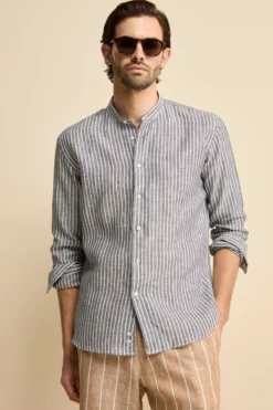 Camicia Rigata Custom Fit con Collo Coreana in Lino - BLU RIGATO