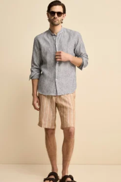 Camicia Rigata Custom Fit con Collo Coreana in Lino - BLU RIGATO